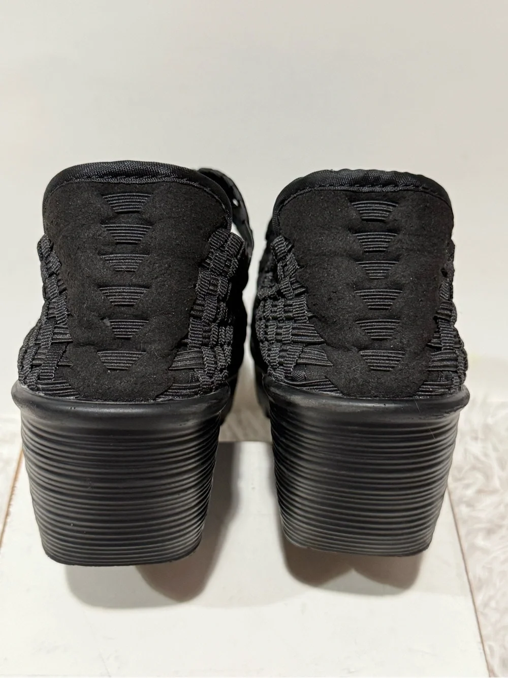 bernie mev. Black Woven Elastic Wedge Sandals Size 38 US7.5
